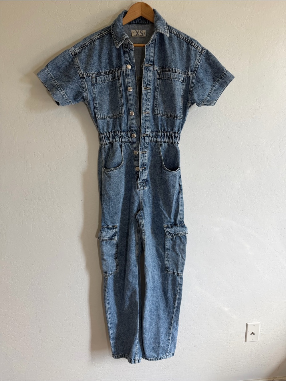 Free People We The Free Denim Utility Jumpsuit Blue Short Sleeve Boiler Suit XS